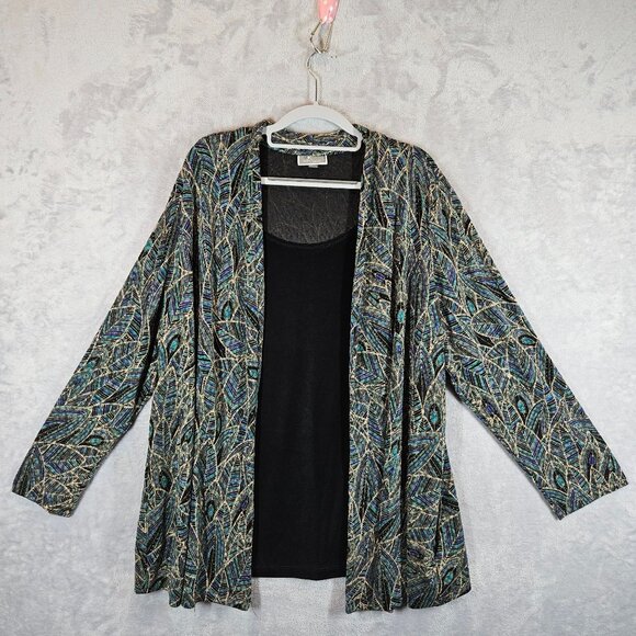 JM Collection Woman 3X layered look blouse Black Multicolor Gold Leaf Pattern - Picture 1 of 12